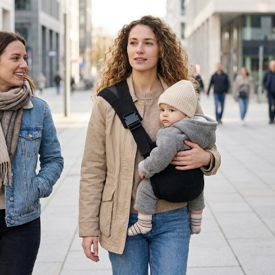 Porte-bébé ergonomique vue de profil - soutien lombaire et répartition du poids