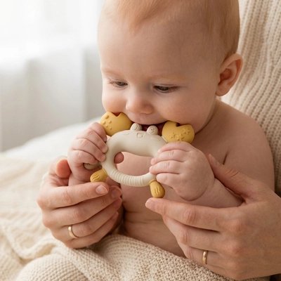 Anneau de dentition multicolore pour stimuler les sens de bébé"