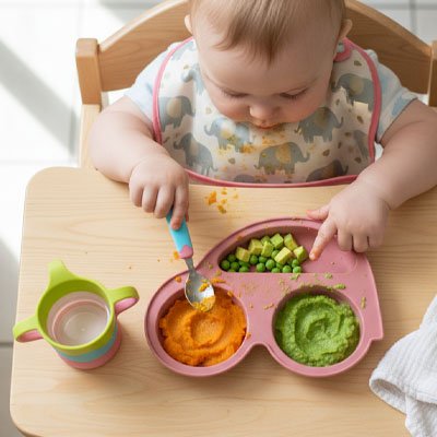 Assiette bébé ventouse SecureMeal en silicone sans BPA pour diversification alimentaire