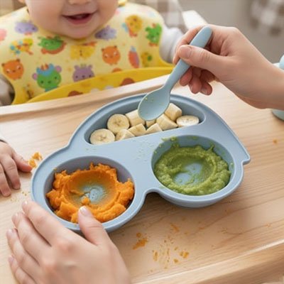 Assiette bébé ventouse antidérapante SecureMeal avec compartiments séparés"