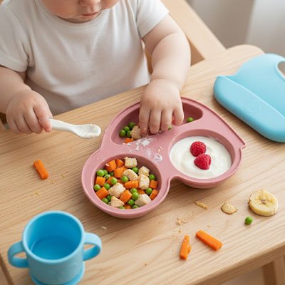 Assiette bébé à ventouse silicone pour repas autonome sans renversement