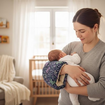 Bébé confortablement installé sur coussin d'allaitement moelleux"