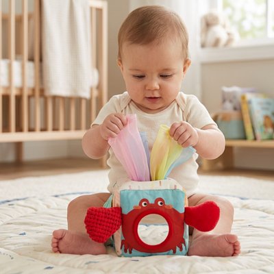 Bébé explorant cube d'activité crabe rouge Montessori tissu, jouet sensoriel doigt exercice bébé