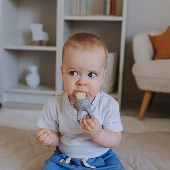 Bébé garçon qui grignote un aliment solide avec une grignoteuse à poche perforée – diversification alimentaire
