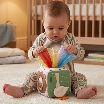 Bébé jouant avec cube d'activité Montessori tissu coloré avec foulards arc-en-ciel, jouet sensoriel éveil bébé