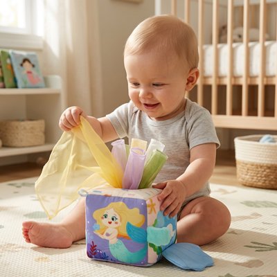 Bébé souriant tirant foulards colorés d'un cube d'activité Montessori sirène, jouet éveil sensoriel coton