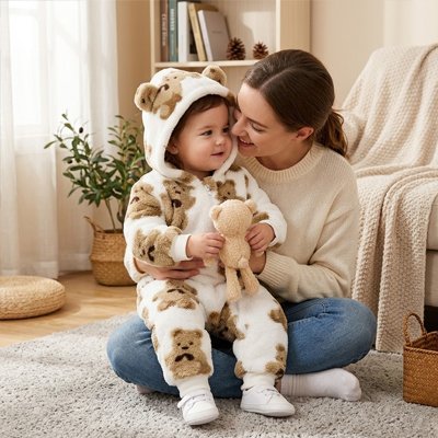 Combinaison bébé hiver en peluche motif petit ours avec capuche"
