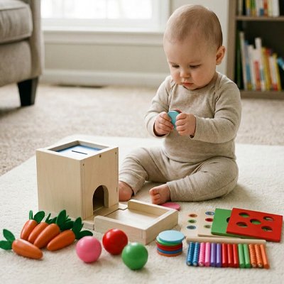 Cube activité bébé en bois avec trieur formes et boîte à monnaie