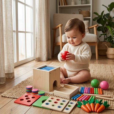 Cube bois bébé Montessori 6 en 1 avec boîte de permanence d'objets