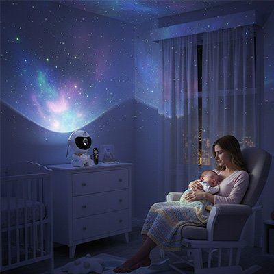Enfant utilisant la veilleuse projection ciel étoilé