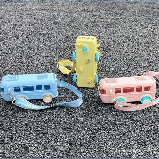 Gourde enfant 500ml forme bus avec paille et bandoulière"