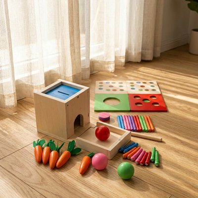Jouet cube bois bébé Montessori récolte carottes et goutte de balle