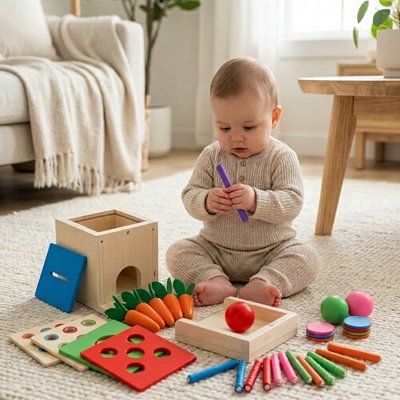Kit jouet cube bois bébé Montessori boîte permanence et trieur formes