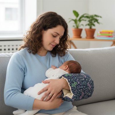 Maman utilisant un coussin d'allaitement ergonomique - soulagement des douleurs dorsales