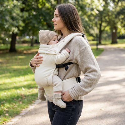 Parent avec bébé dans porte-bébé ergonomique premium - position physiologique