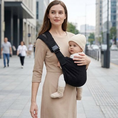 Parent portant bébé dans porte-bébé ergonomique - position naturelle
