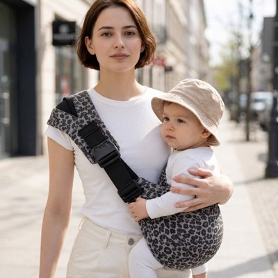 Porte-bébé ergonomique beige avec bébé - vue de face confort optimal
