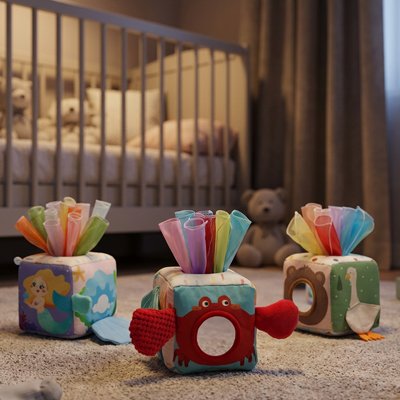Trois cubes d'activité bébé Montessori tissu animaux colorés, boîte à mouchoirs jouet sensoriel éducatif
