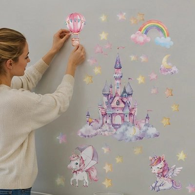 Veilleuse douce avec stickers muraux château magique"
